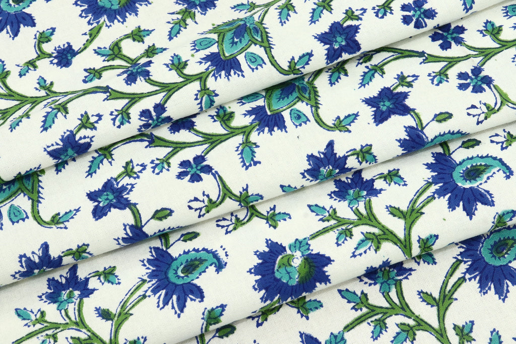 Floral Block Print Cotton Fabric: Blue, Green Mughal Design
