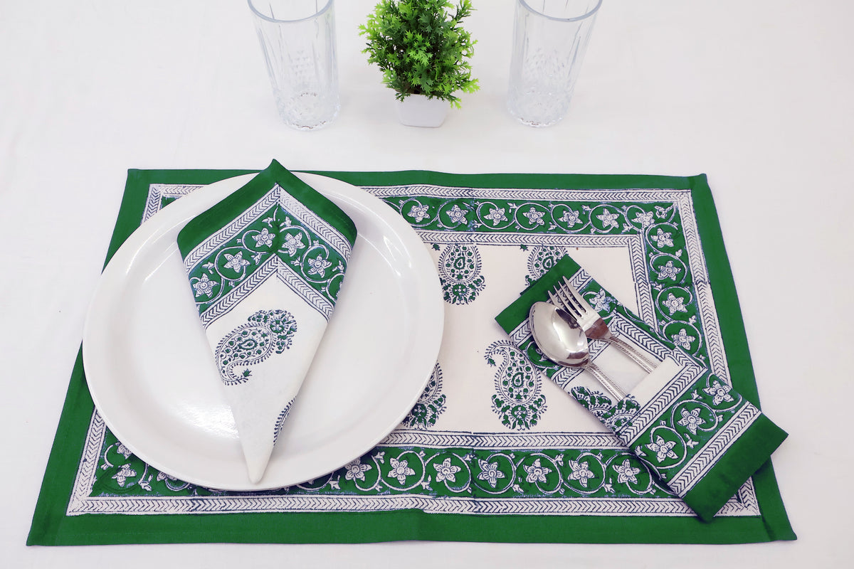 Hand Block Printed Cotton Napkins | Elegant Table Linen- Green and White