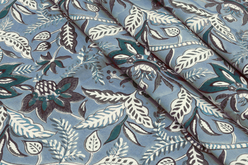Mughal Floral Print Cotton Fabric: Hand Block-Printed Indian Fabric