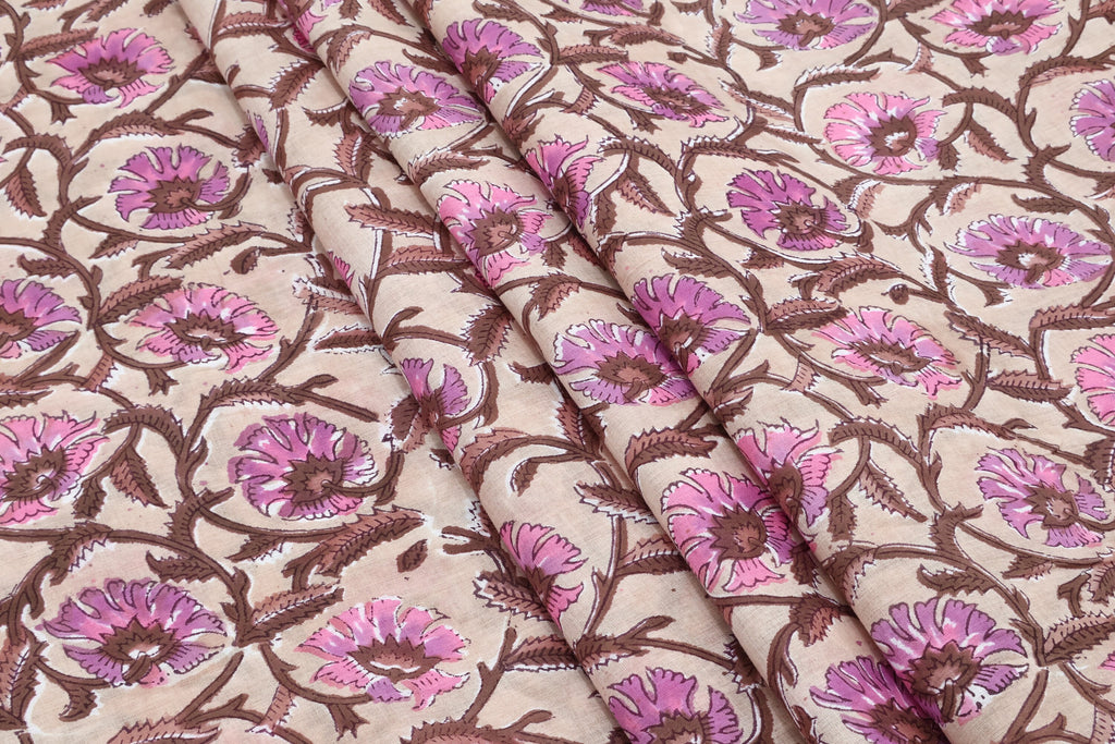 Mughal Floral Print Cotton Fabric: Indian Hand Block Print