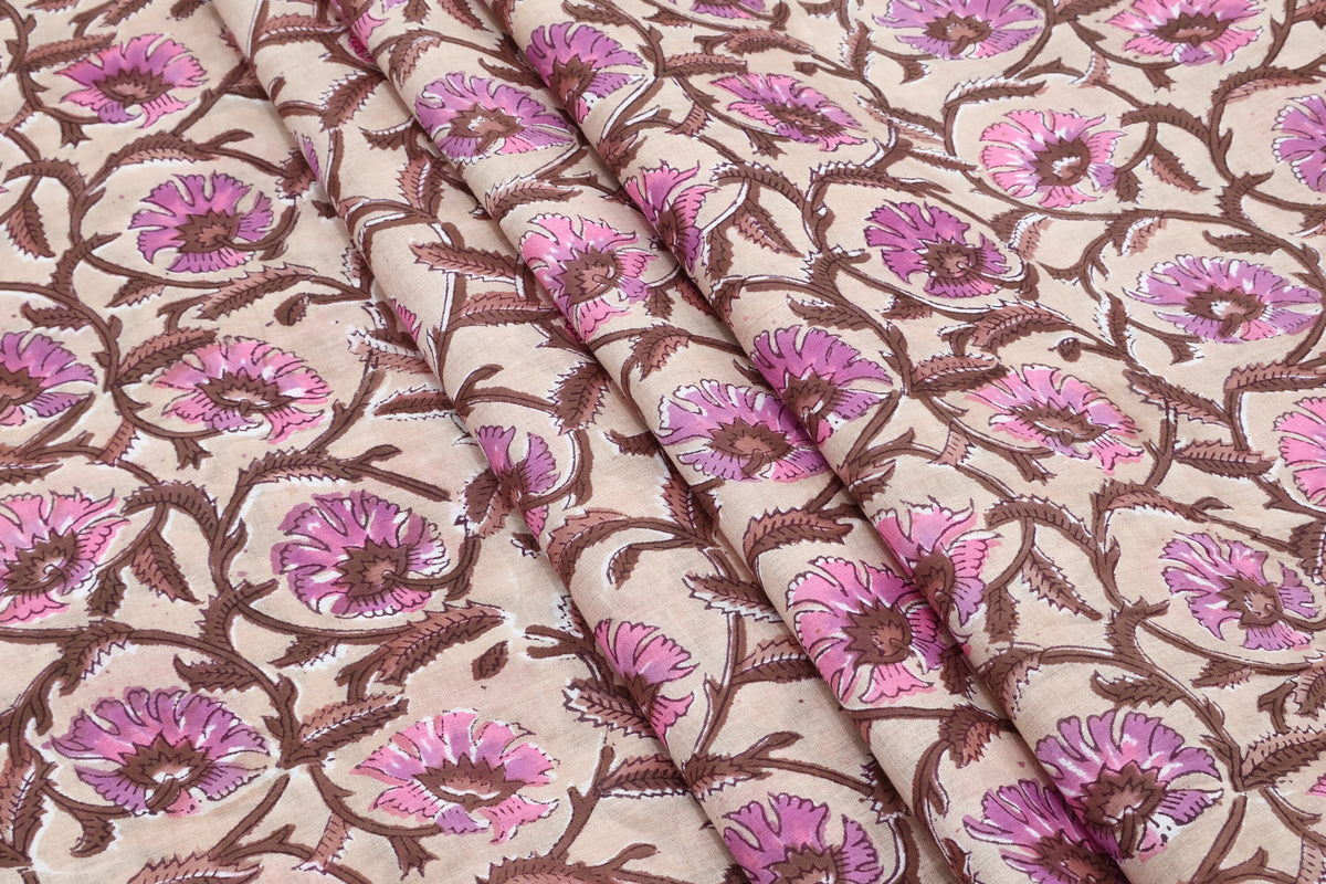 Mughal Floral Print Cotton Fabric: Indian Hand Block Print