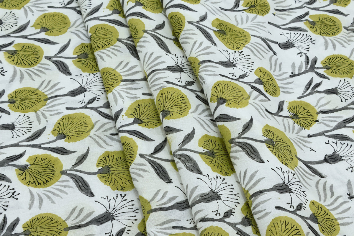 Green Floral Block Print Cotton Fabric: Indian Handstamped Textile