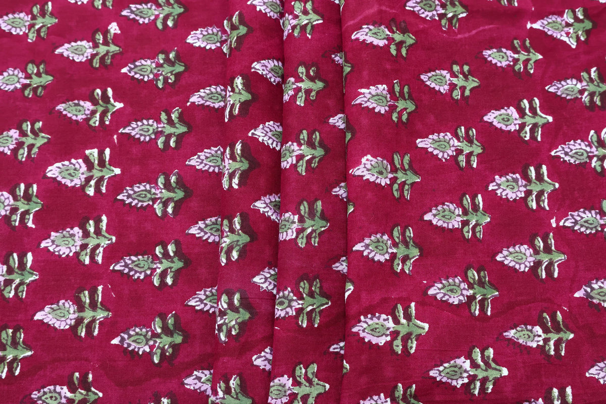 Hand Block Printed Cotton Fabric: Red Floral Indian Textile By The Yard