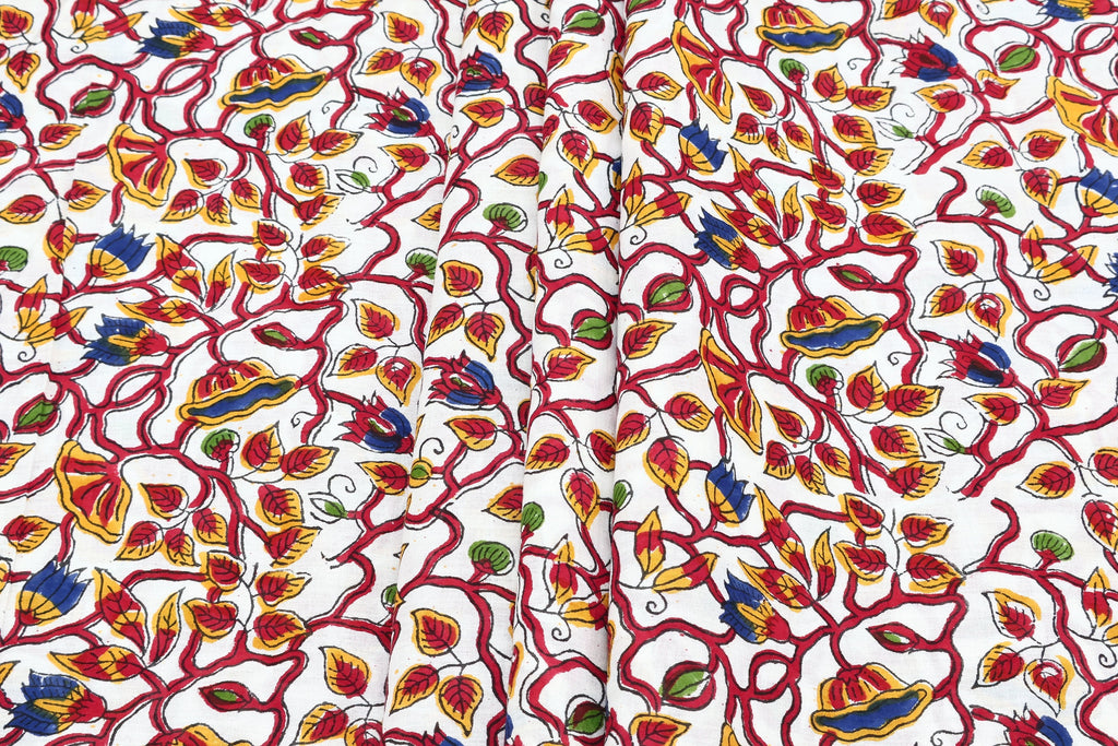 Red Floral Block Print Cotton Fabric: Indian Mughal Style By The Yard