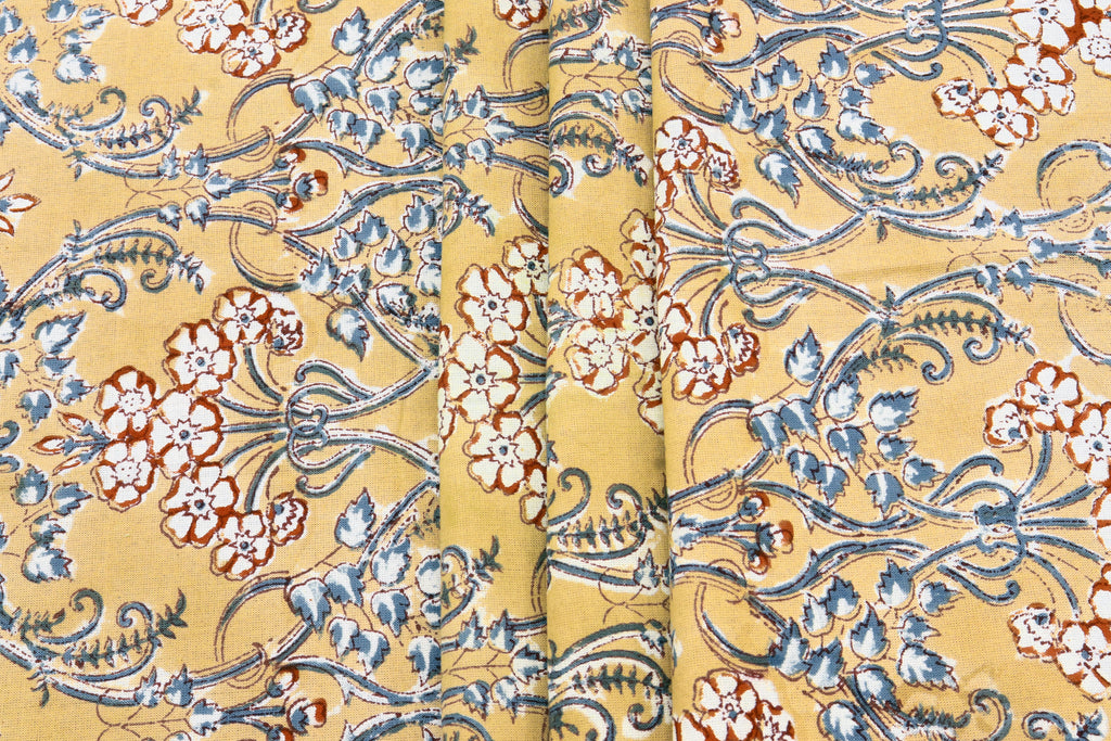 Floral Blockprint Cotton Fabric: Yellow & Red Handstamped Fabric By The Yard
