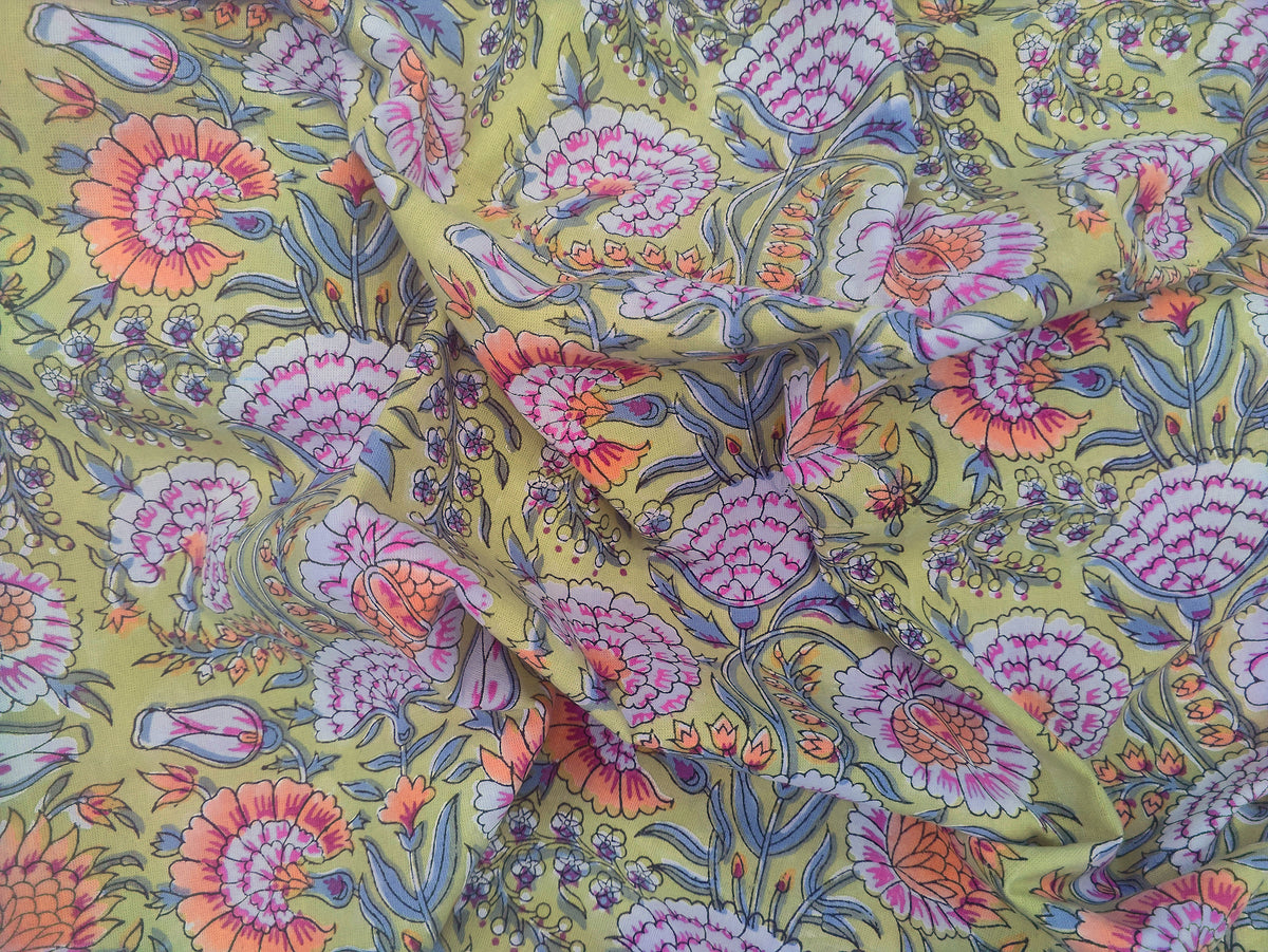 Floral Block Print Cotton Fabric: Yellow, Orange, Pink Mughal Design