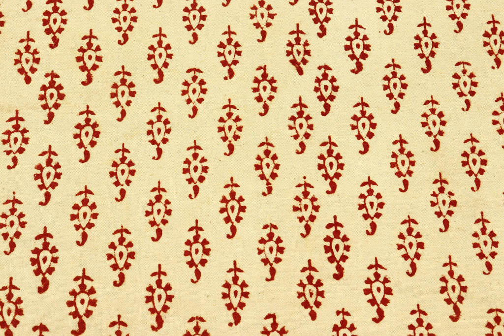Red Floral Block Print Cotton Fabric: Beige Indian Cloth