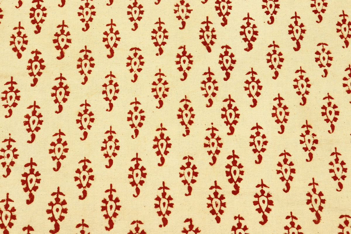 Red Floral Block Print Cotton Fabric: Beige Indian Cloth