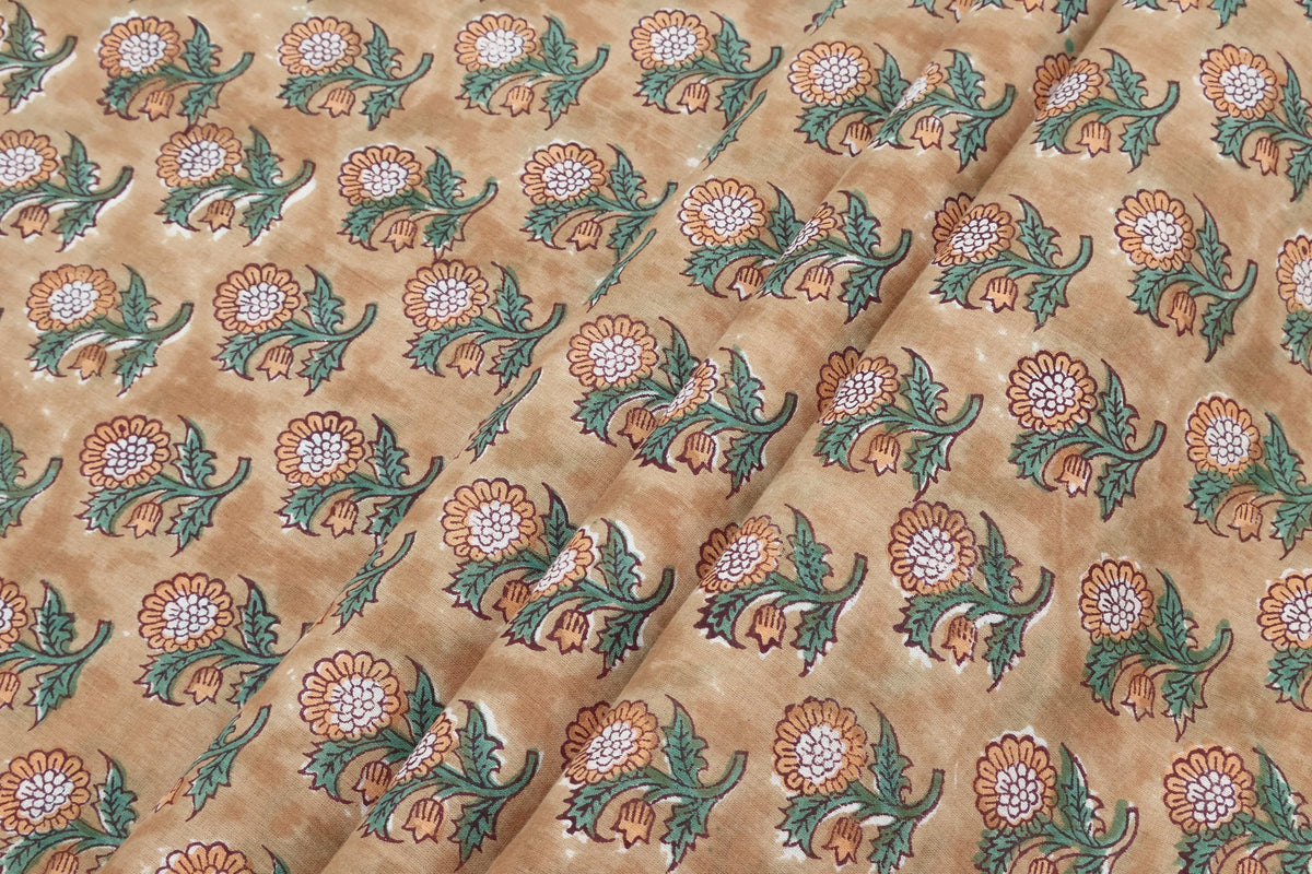 Orange Cotton Traditional Floral Hand Block Print Unstiched Material For Men's Kurta Shirts & Women's Kurti and Other Dress Material