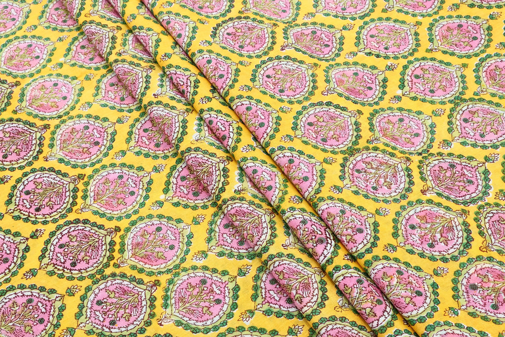 Hand Block Printed Cotton Fabric: Red & Pink Mughal Floral, Indian Textile
