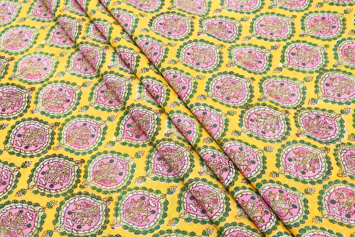 Hand Block Printed Cotton Fabric: Red & Pink Mughal Floral, Indian Textile
