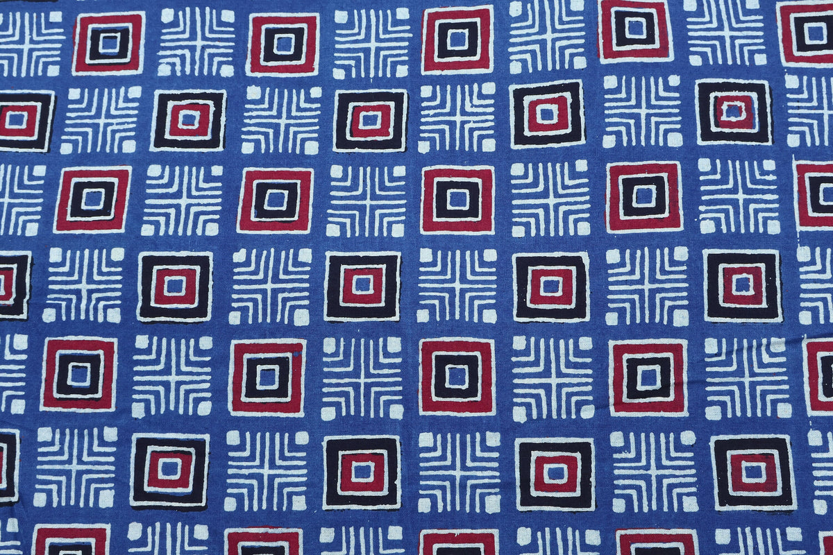 Hand Block Printed Cotton Fabric: Red, Pink, Blue Geometric Textile