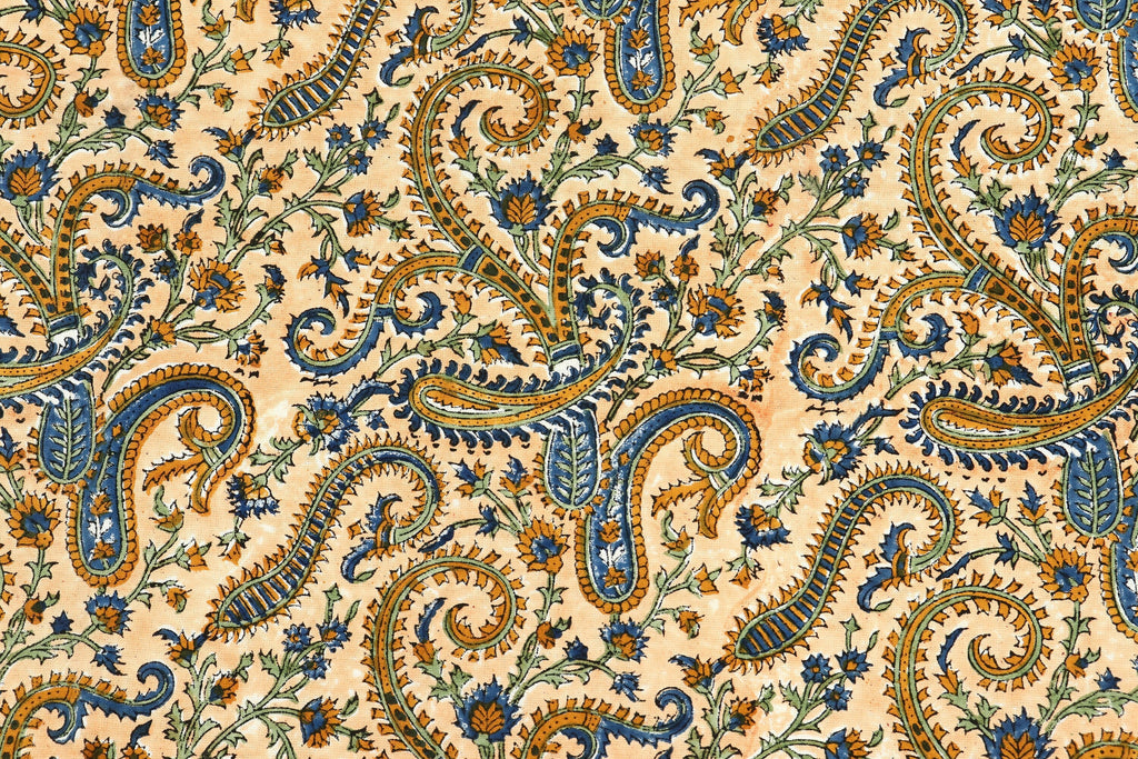 Hand Block Print Cotton Fabric: Beige Paisley Indian Fabric