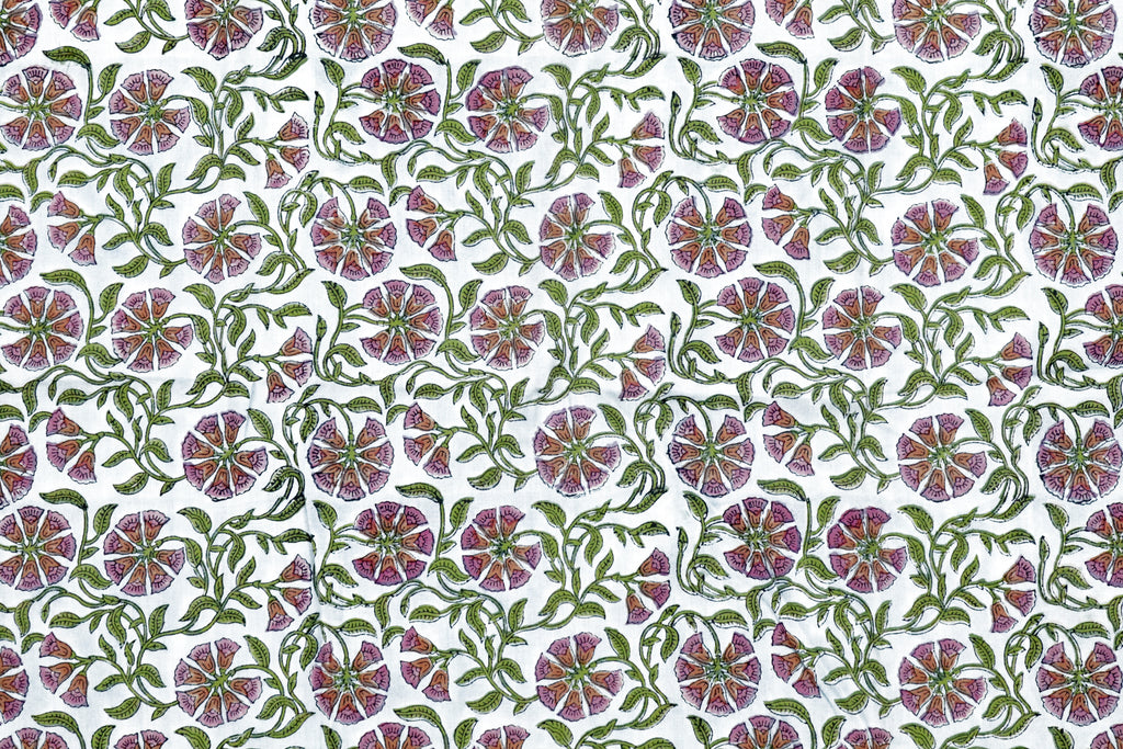 Floral Block Print Cotton Fabric: Pink, Purple, Green Mughal Design
