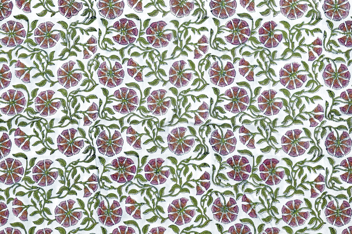 Floral Block Print Cotton Fabric: Pink, Purple, Green Mughal Design