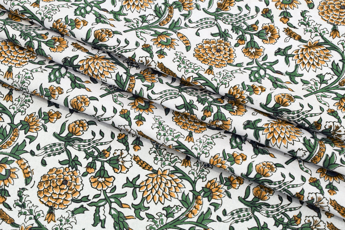 Floral Block Print Cotton Fabric: Yellow Mughal Design by the Yard
