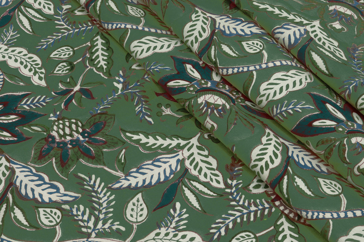 Mughal Floral Block Print Cotton Fabric: Hand-Stamped Indian Sewing Material