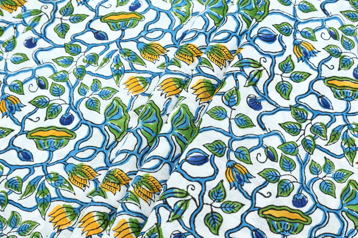 Hand Block Printed Cotton Fabric: Green, Blue, Yellow Floral Mughal Print