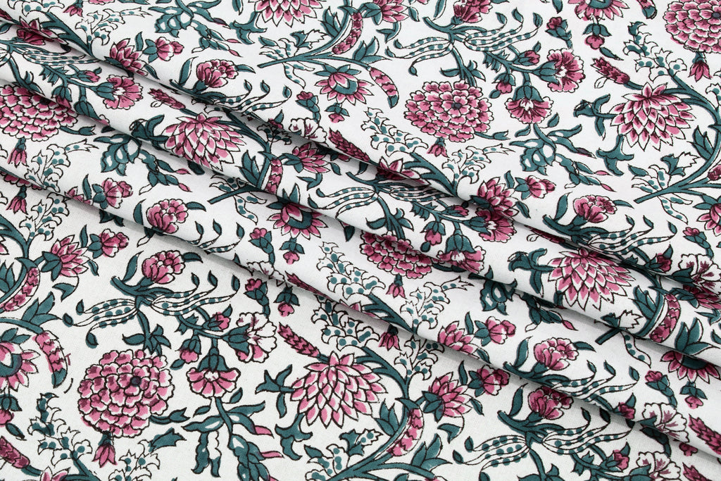 Pink Floral Block Print Cotton Fabric: Handstamped Indian Fabric by the Yard