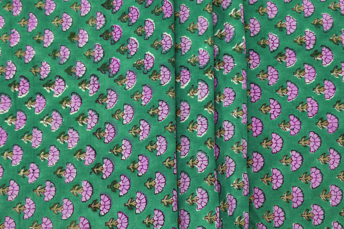 Pink Floral Blockprint Cotton Fabric: Handstamped Indian Fabric