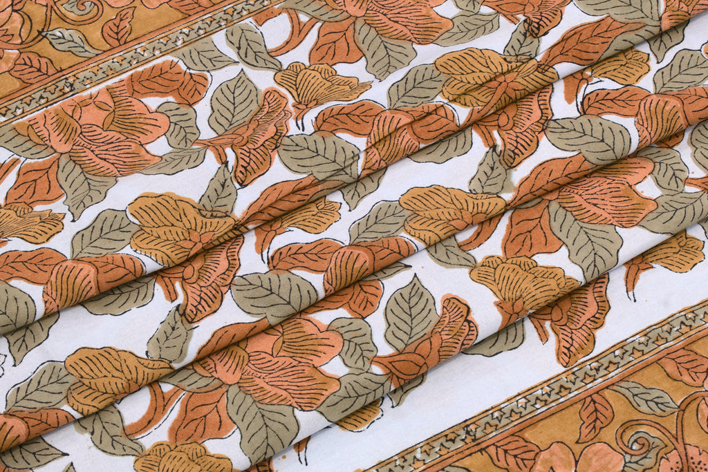 Orange Floral Block Print Fabric: Hand-Stamped Cotton By The Yard