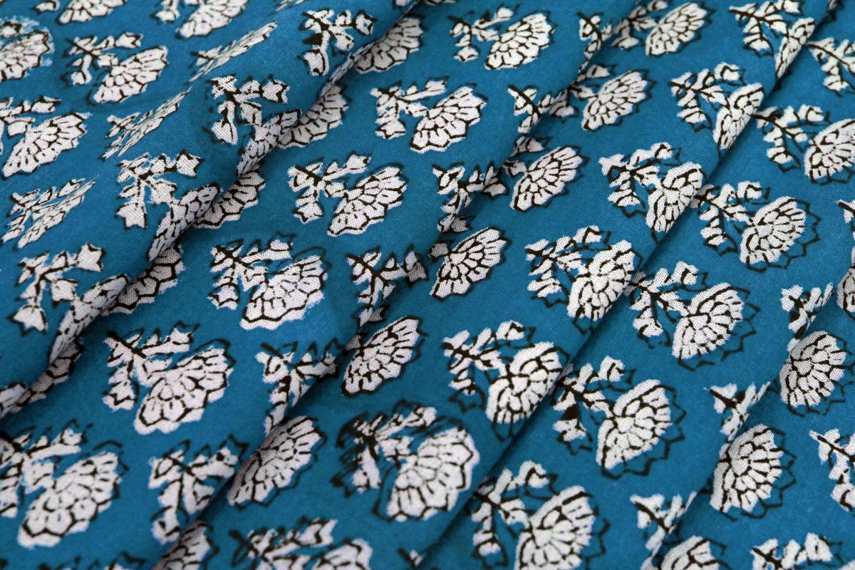 Blue Floral Blockprint Cotton Fabric: Handstamped Indian Fabric