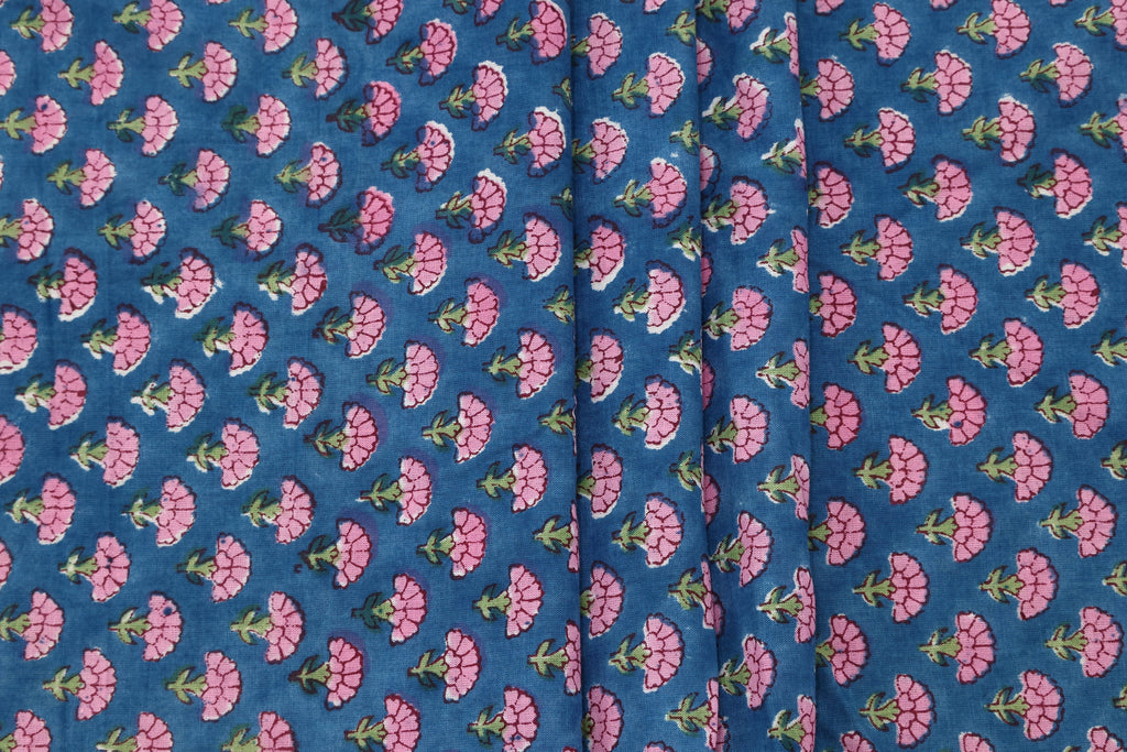 Cotton Floral Hand Block Print Fabric - Pink and Blue Indian Blockprint