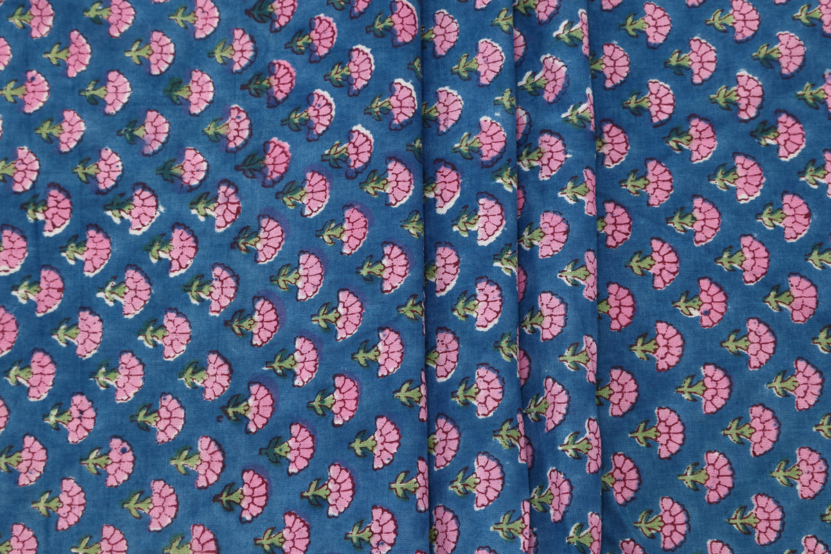 Cotton Floral Hand Block Print Fabric - Pink and Blue Indian Blockprint