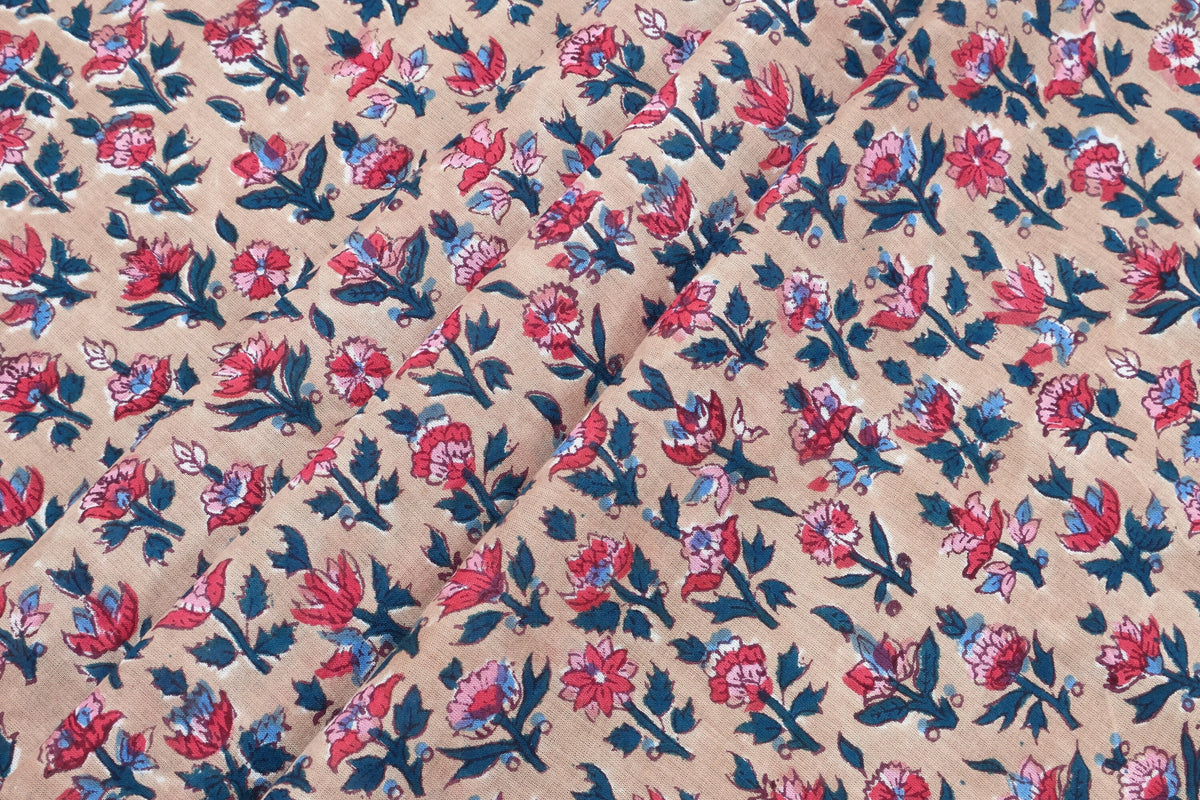 Mughal Floral Print Cotton Fabric: Indian Hand Block Print