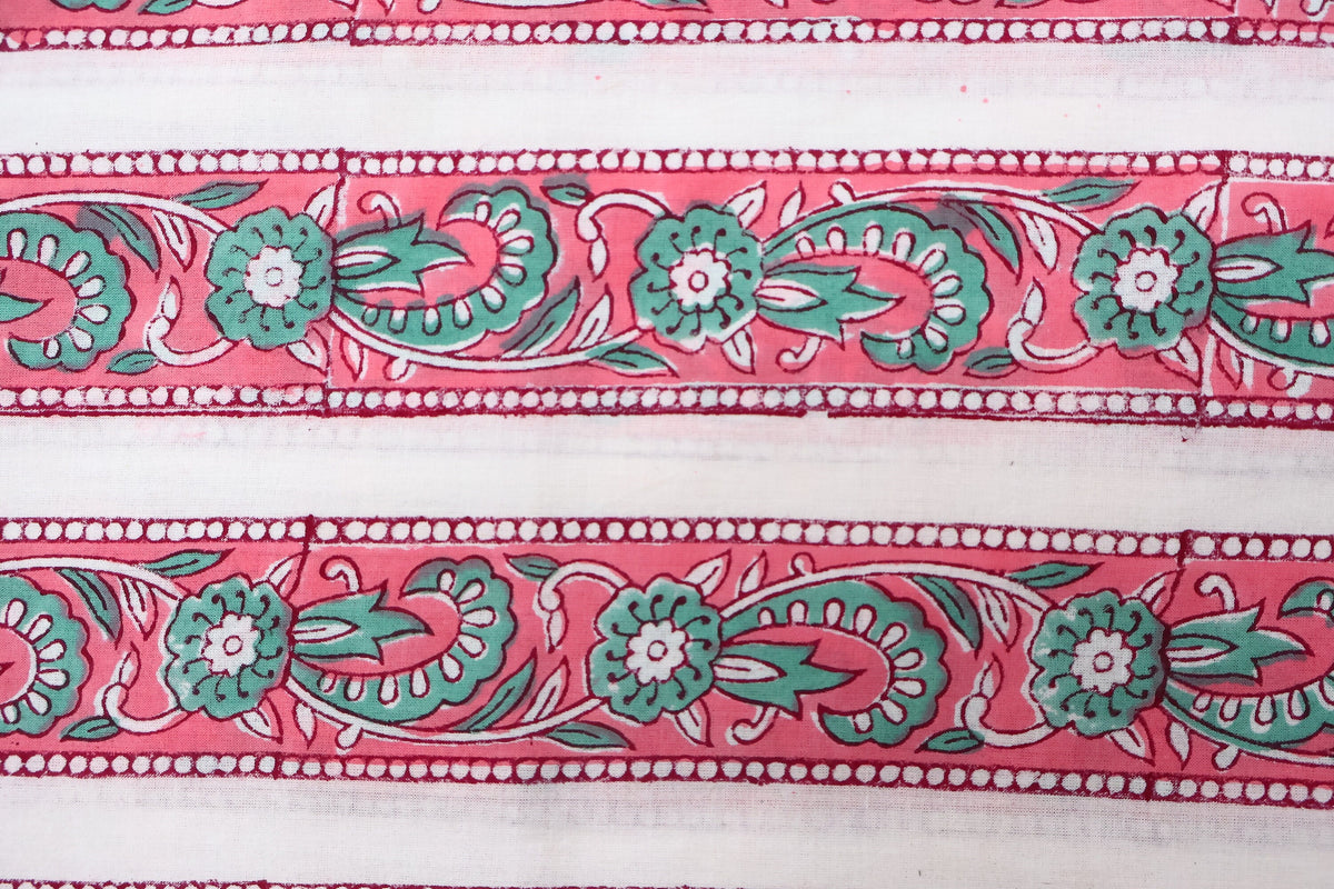 Hand Block Printed Cotton Fabric: Red & Pink Floral Mughal Print