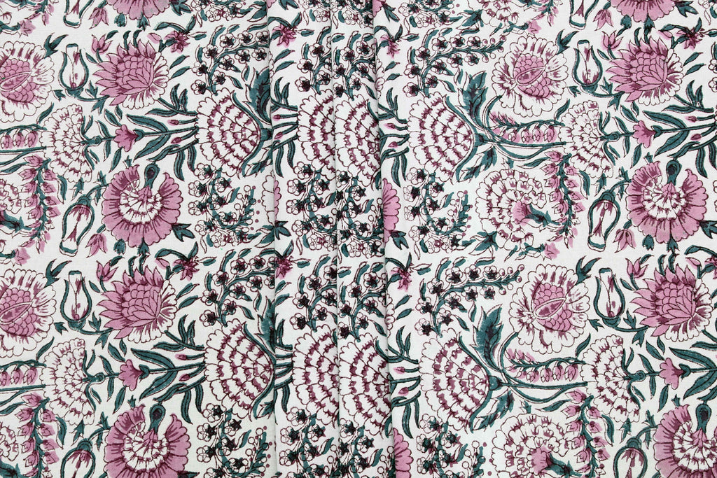 Floral Block Print Cotton Fabric: Pink, Green, and White Indian Fabric
