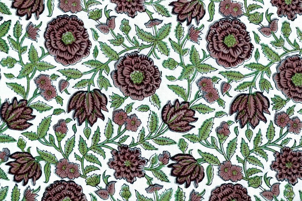 Pink Floral Block Print Cotton Fabric: Hand Stamped Indian Fabric