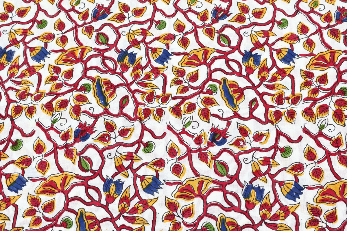 Red Floral Block Print Cotton Fabric: Indian Mughal Style By The Yard
