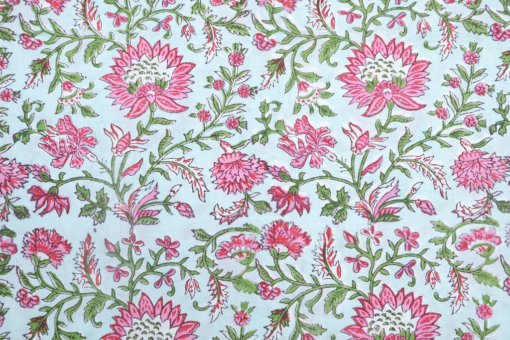 Mughal Floral Block Print Fabric: Pink, White & Green Linen Cotton Blend