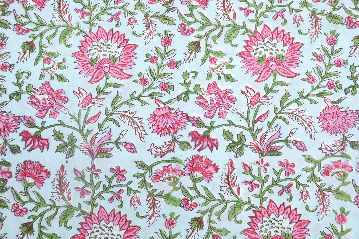 Mughal Floral Block Print Fabric: Pink, White & Green Linen Cotton Blend