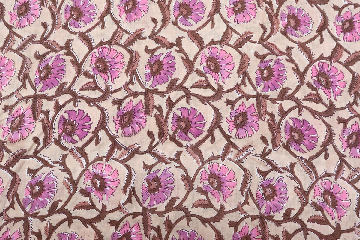 Mughal Floral Print Cotton Fabric: Indian Hand Block Print