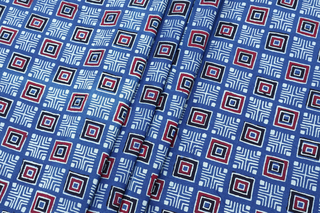Hand Block Printed Cotton Fabric: Red, Pink, Blue Geometric Textile