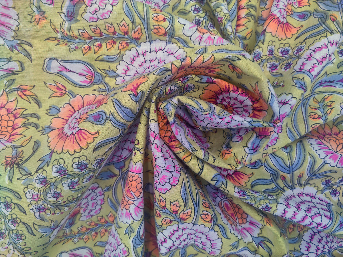 Floral Block Print Cotton Fabric: Yellow, Orange, Pink Mughal Design