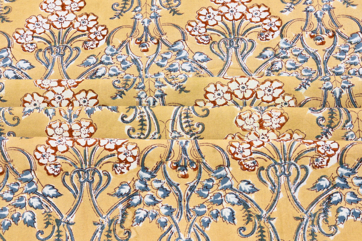 Floral Blockprint Cotton Fabric: Yellow & Red Handstamped Fabric By The Yard