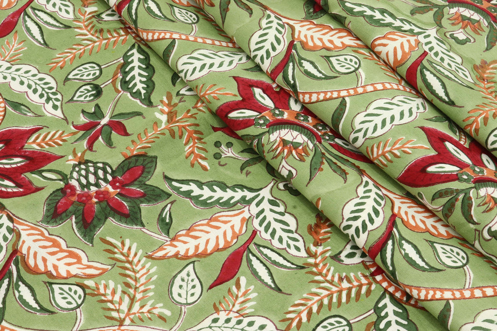 Mughal Floral Print Cotton Fabric: Hand Block Printed Indian Fabric
