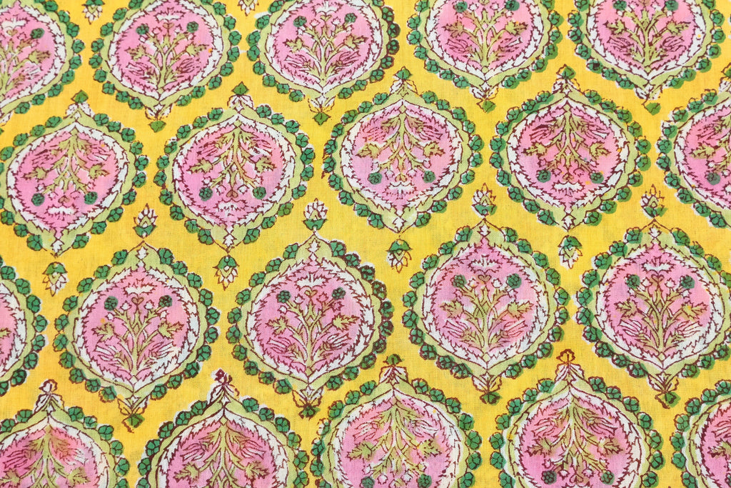 Hand Block Printed Cotton Fabric: Red & Pink Mughal Floral, Indian Textile