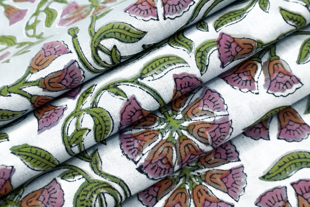 Floral Block Print Cotton Fabric: Pink, Purple, Green Mughal Design