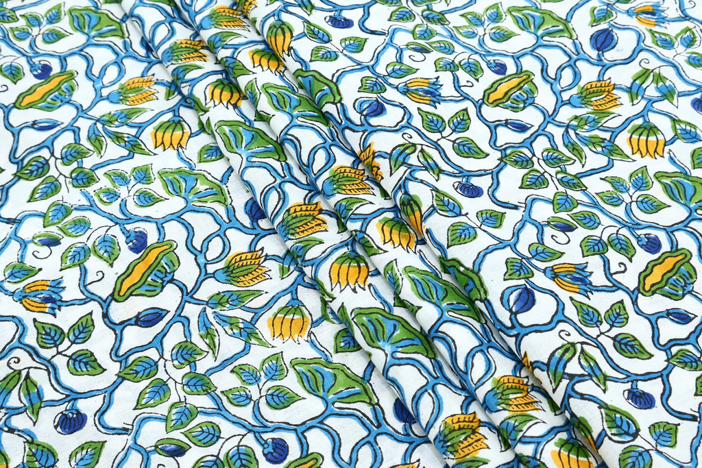 Hand Block Printed Cotton Fabric: Green, Blue, Yellow Floral Mughal Print