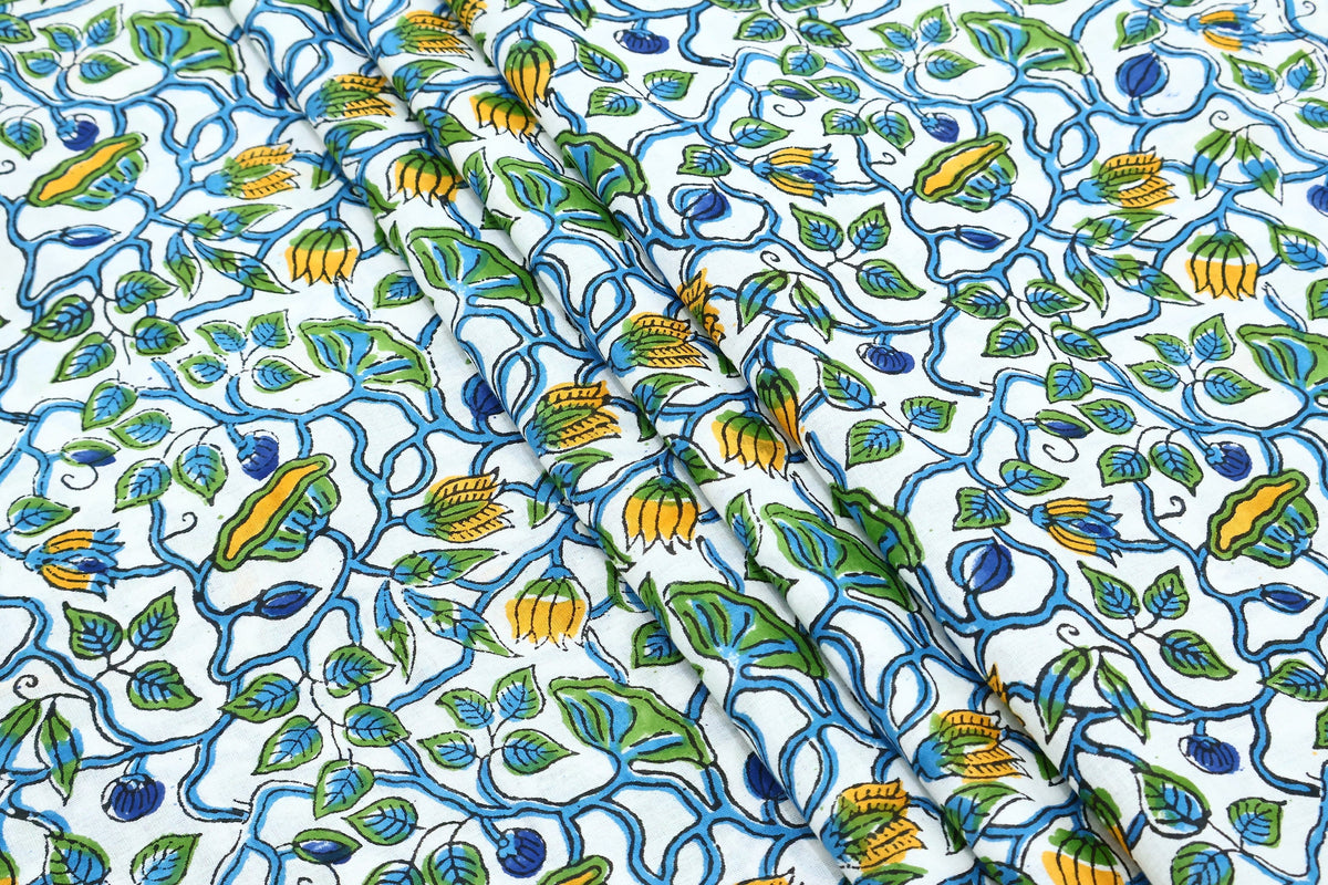 Hand Block Printed Cotton Fabric: Green, Blue, Yellow Floral Mughal Print