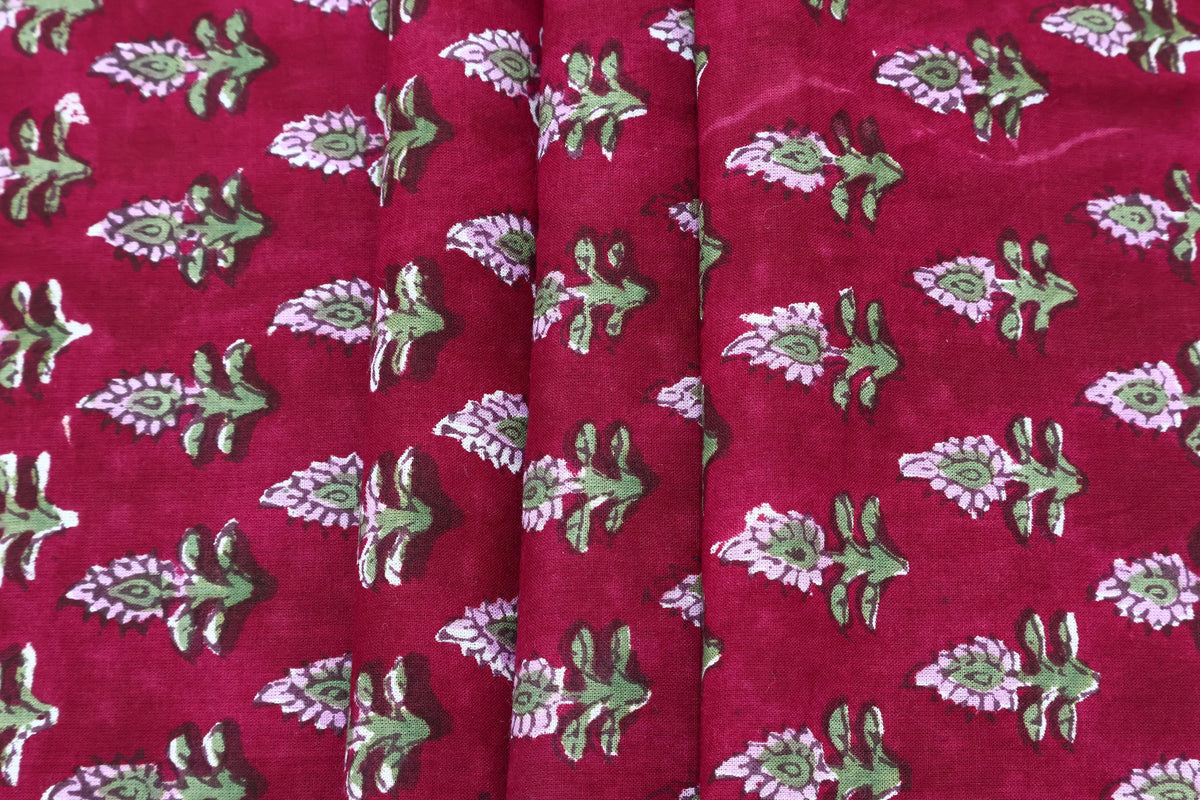 Hand Block Printed Cotton Fabric: Red Floral Indian Textile By The Yard