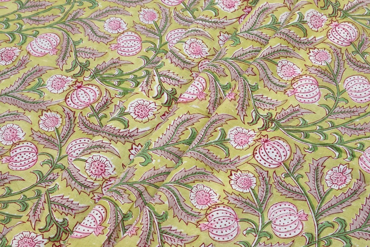 Mughal Print Cotton Fabric: Hand-Stamped Floral Dress Fabric