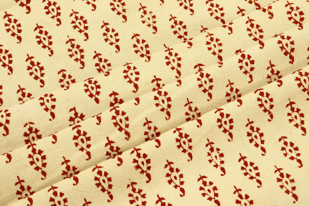 Red Floral Block Print Cotton Fabric: Beige Indian Cloth