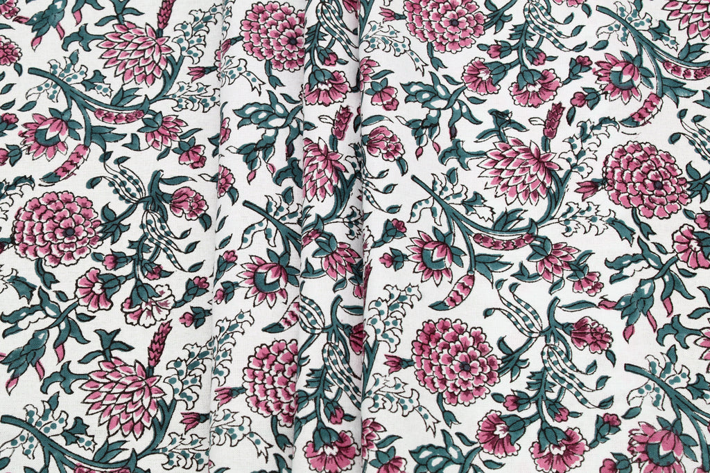Pink Floral Block Print Cotton Fabric: Handstamped Indian Fabric by the Yard