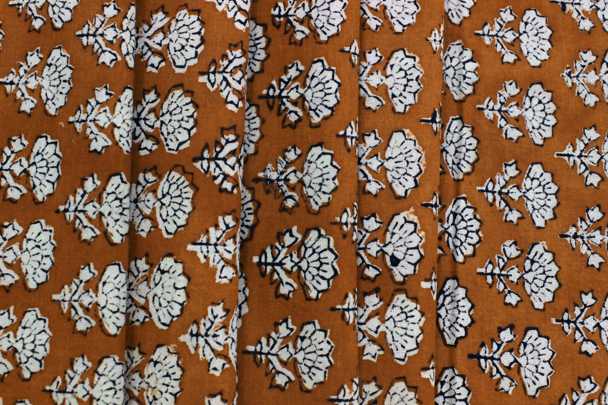 Orange Floral Blockprint Cotton Fabric: Handstamped Indian Fabric