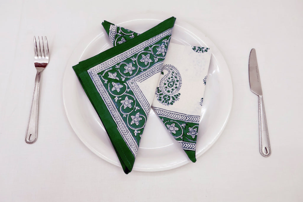 Hand Block Printed Cotton Napkins | Elegant Table Linen- Green and White